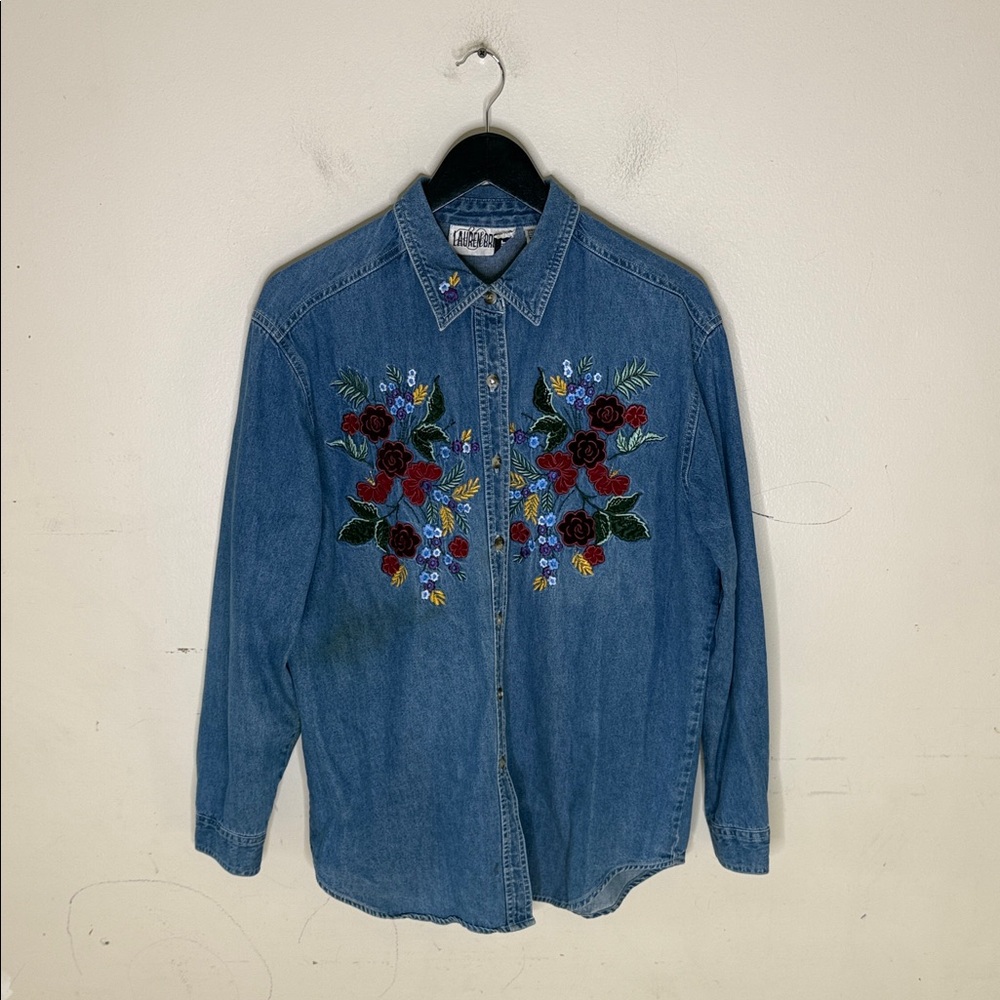 Lauren Brooke Vintage Embroidered Denim Shirt with Floral Design Large